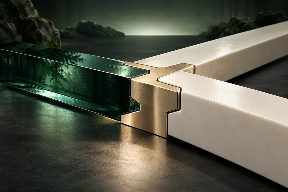 Emerald and champagne rails meeting at a precisely formed junction