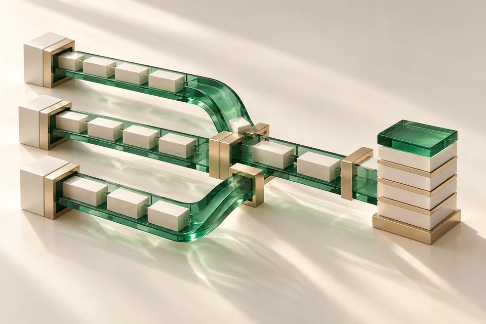 Emerald channels and champagne markers illustrating an orderly payroll process