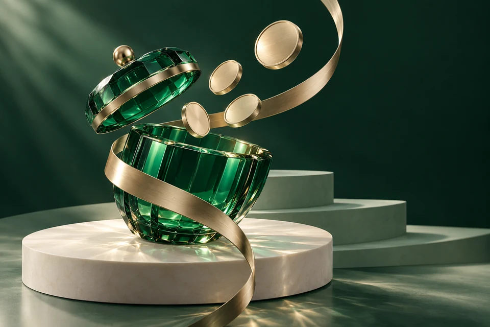 An emerald glass vessel with floating champagne tokens, a visual metaphor for points and reward choice