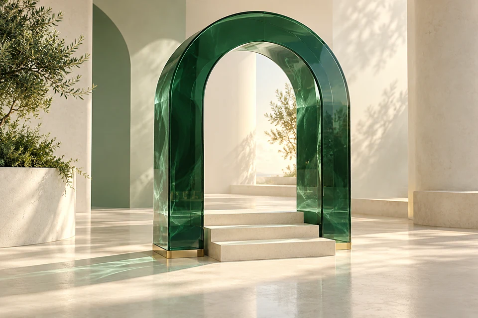 A luminous architectural arch and ascending steps in PayDirect emerald and ivory